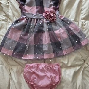 Bonnie Baby Pink and Gray Plaid Dress with Matching Bloomer